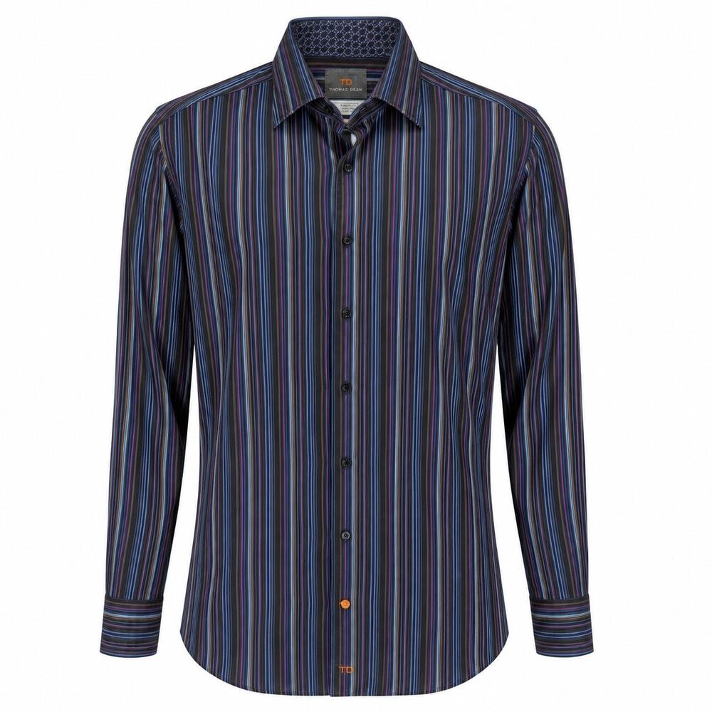 Thomas Dean Shirt Mens XXLT Black Multicolor Stripe Flip Cuff Button Up Tall